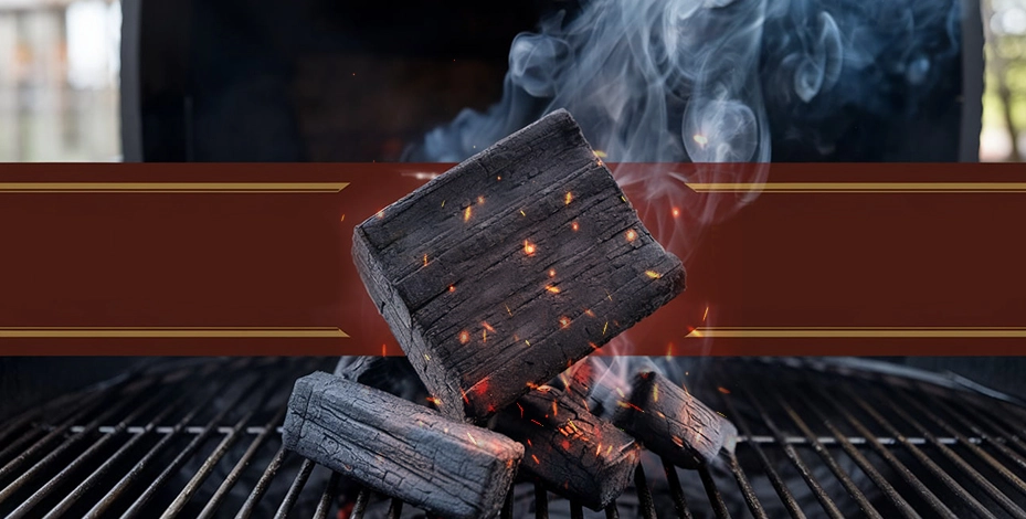 Large banner showcasing burning charcoal blocks on a grill, emphasizing even heat distribution and premium performance.