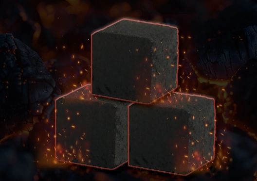 Close-up image of glowing charcoal cubes with radiant sparks in the background, highlighting their intense heat and durability.