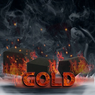 Gold branded glowing charcoal cubes surrounded by fiery flames and smoke, emphasizing premium quality for superior performance.