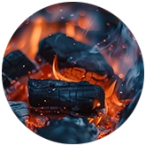 Circular image of burning charcoal pieces with visible flames and sparks, highlighting intense heat and even burning.