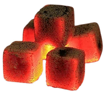 Glowing red-hot charcoal cubes, perfect for providing intense and consistent heat for grilling or hookah sessions.