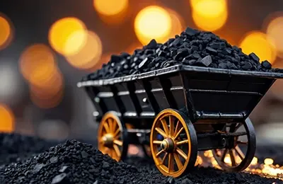 Blog page image showcasing a coal cart filled with premium charcoal against a glowing background, symbolizing sustainability, efficiency, and quality fuel solutions.