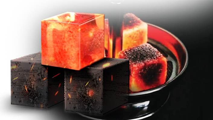 Close-up of bright red-hot charcoal cubes on a reflective tray, showcasing premium quality for consistent heat distribution.